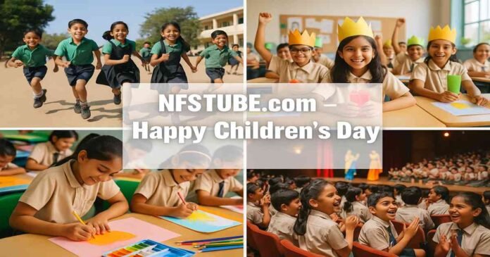 Children’s Day collage showing Indian school kids celebrating with sports, classroom activities, art sessions and stage events.