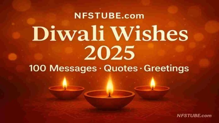 Diwali 2025 wishes graphic with golden lights and diyas symbolizing festival messages in Hindi and English.