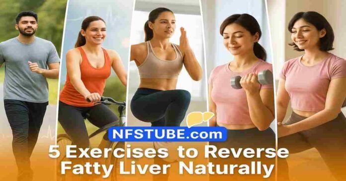 Collage of five simple exercises — brisk walking, cycling, HIIT, resistance training, and combined workouts — promoting liver health.