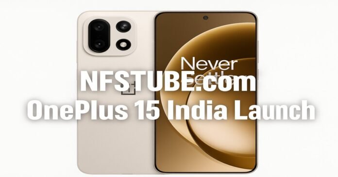 OnePlus 15 smartphone shown in gold finish.