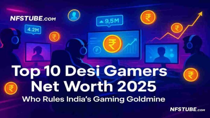 A vibrant digital illustration featuring glowing gaming setups, neon lights, and virtual avatars representing India’s top Desi gamers of 2025.