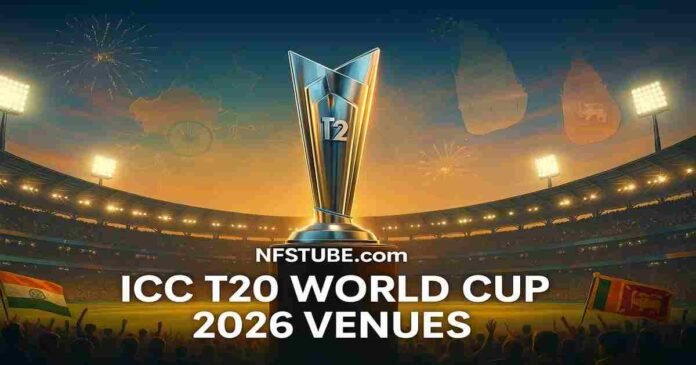 ICC T20 World Cup 2026, featuring a brightly lit cricket stadium at dusk, the glowing T20 World Cup trophy in the foreground, and symbolic map highlights of India and Sri Lanka to represent host cities.