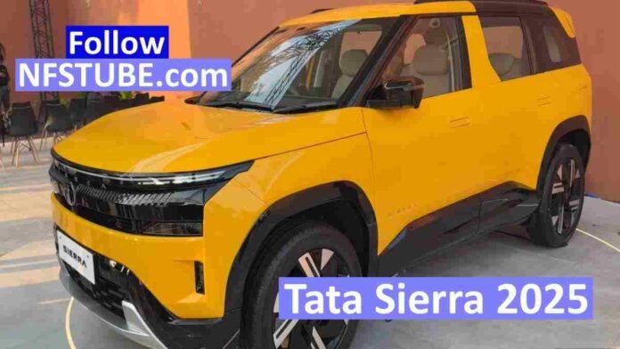 A bright yellow Tata Sierra 2025 SUV showcased at the launch event, featuring its new modern design, LED front panel and premium road presence.