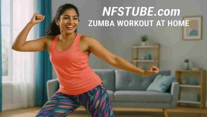 A woman doing Zumba Dance workout at home, dancing in bright setting